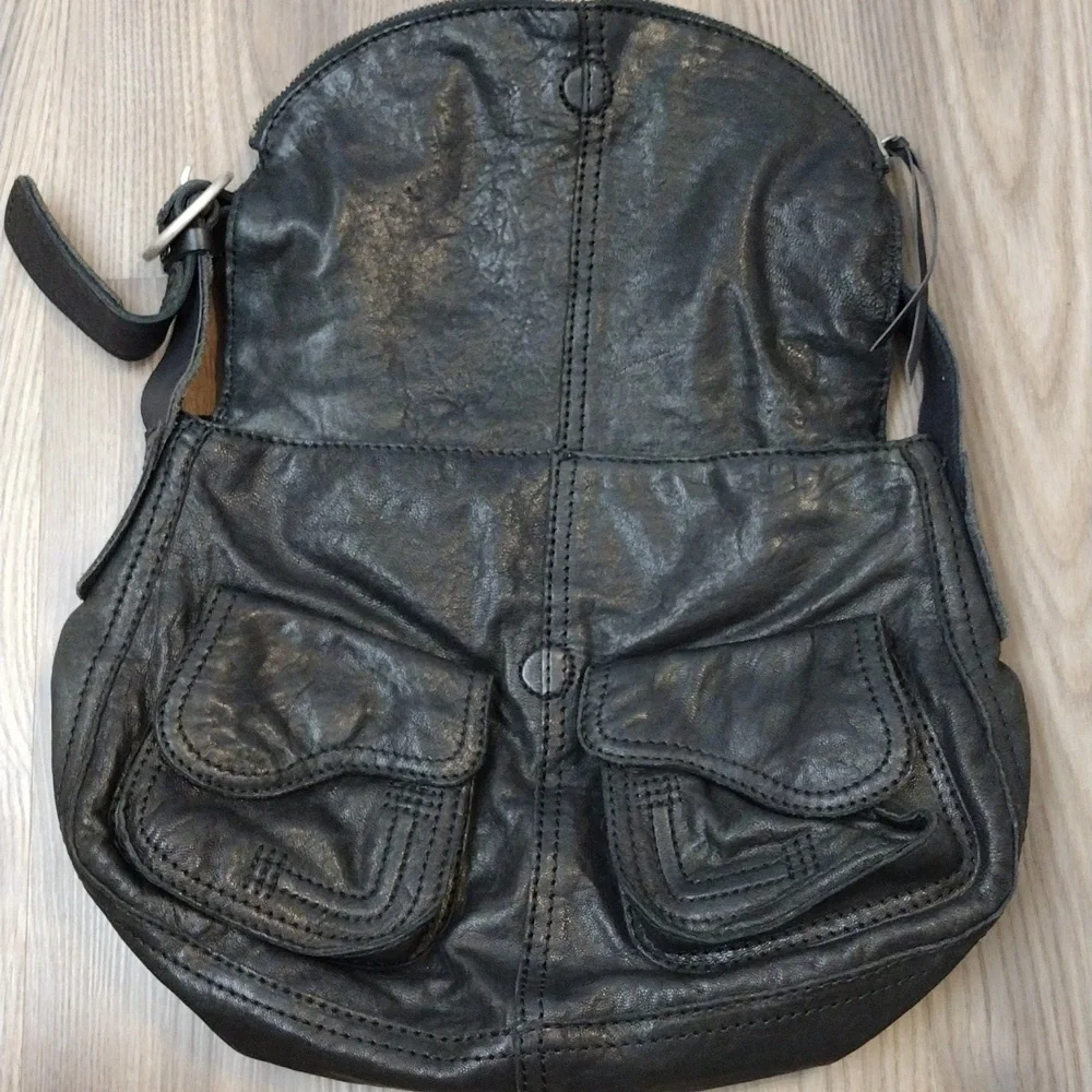 Lucky Brand Stash Black Lambskin Leather Fold Over Hobo Bag VTG Y2K Messenger - Picture 2 of 11